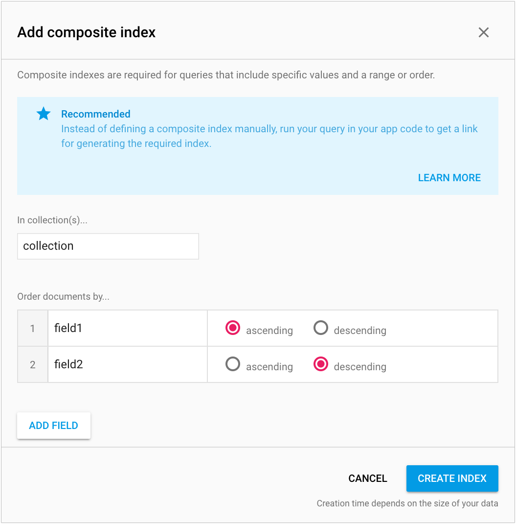 Imagen de la interfaz de indexación de Firestore en Firebase console