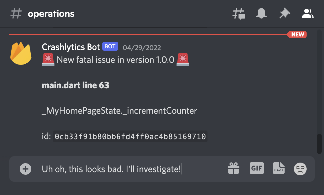 Esempio di notifica di arresto anomalo in Discord