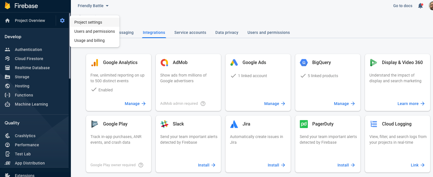 Tela de integrações no console do Firebase