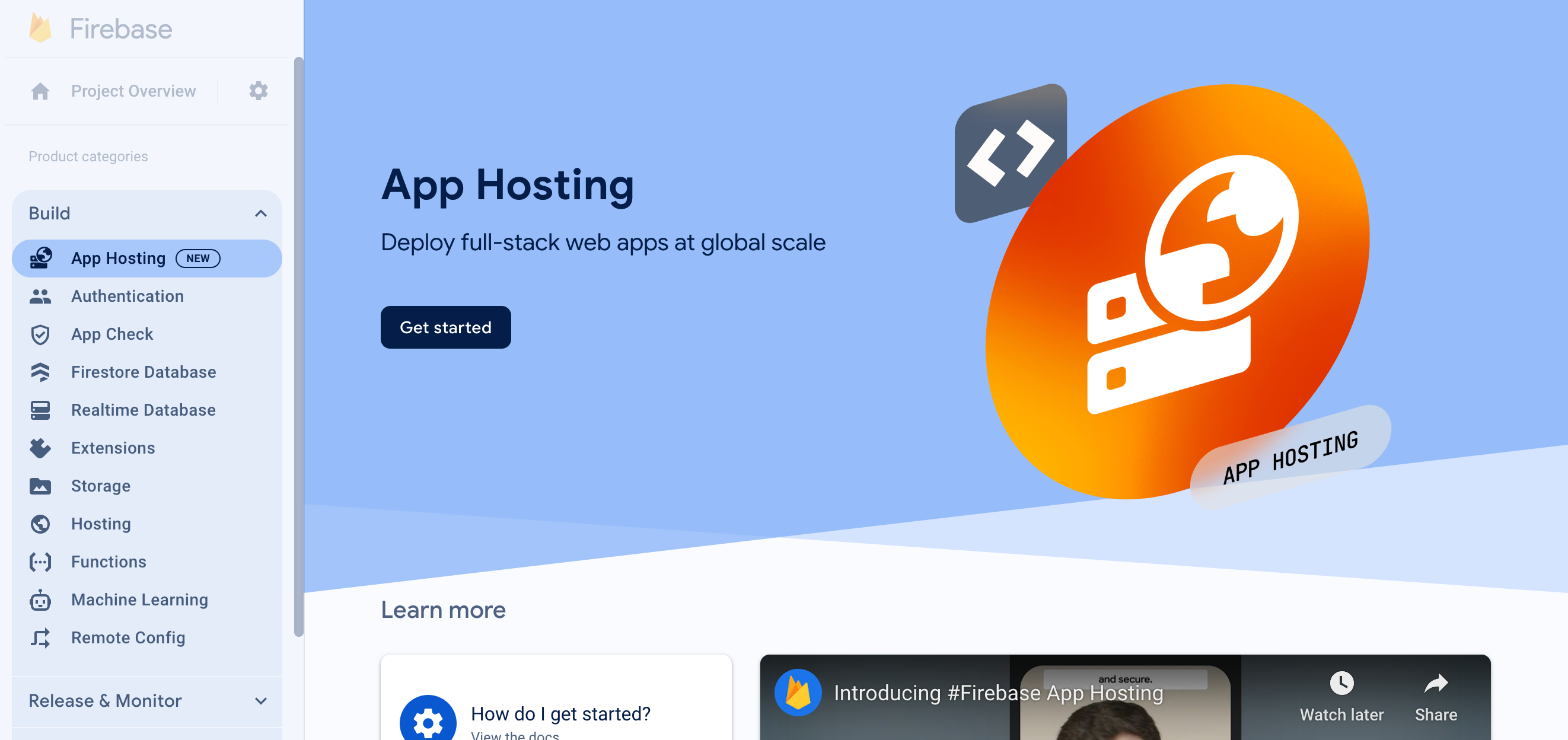 État initial de la console App Hosting, avec un bouton &quot;Commencer&quot;