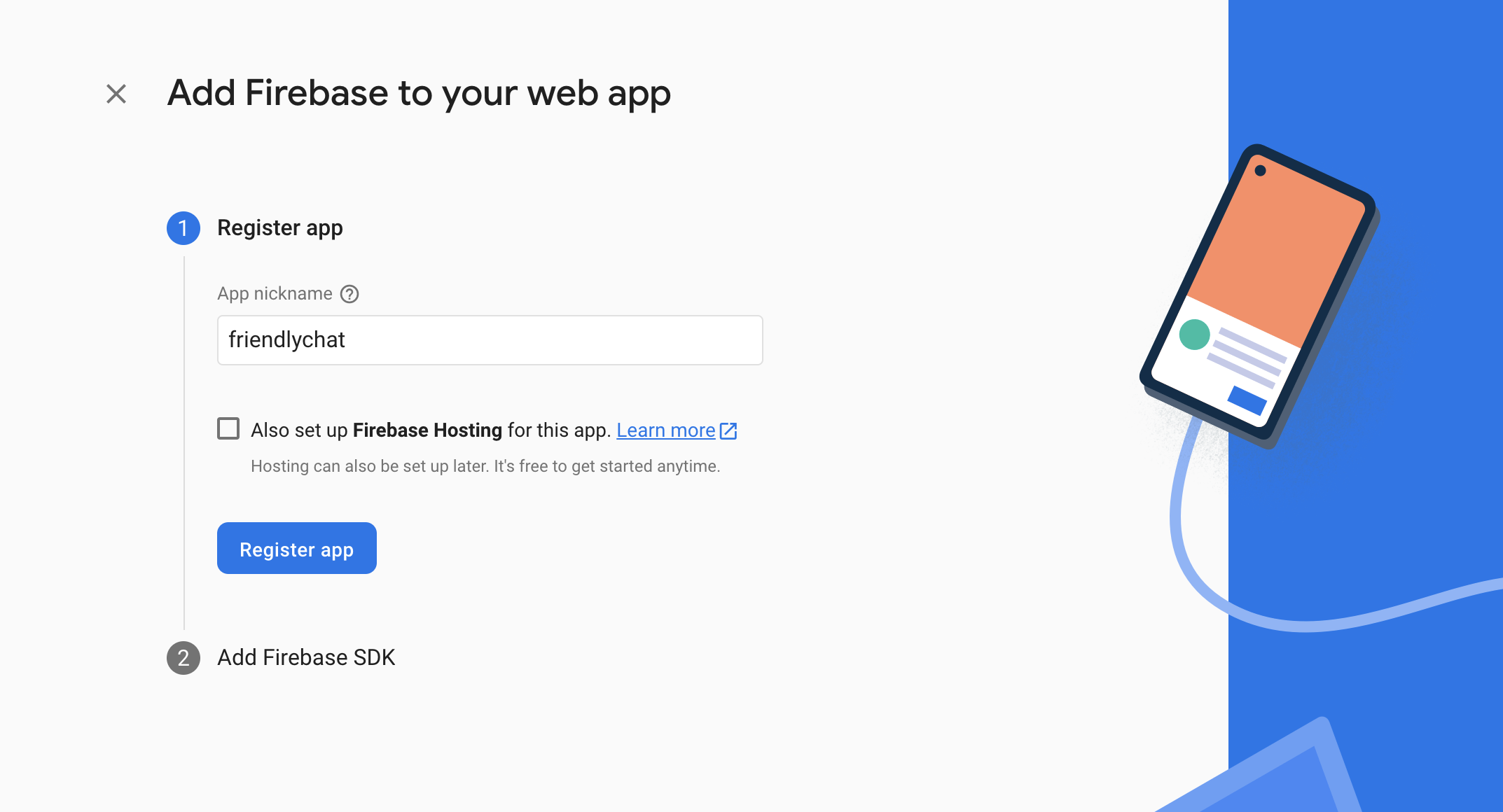 Captura de tela do registro do app da Web