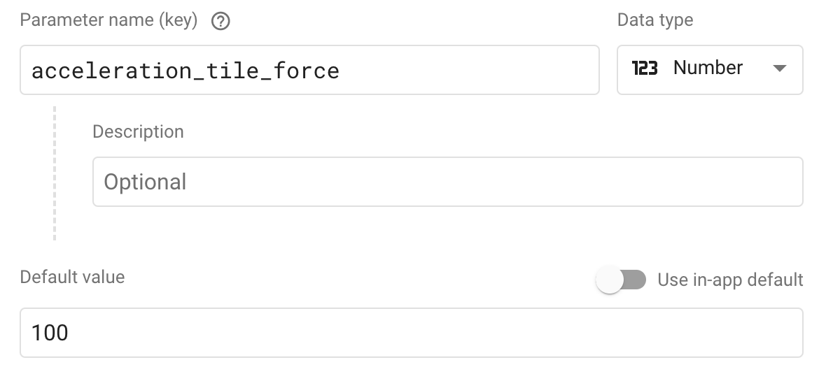 填充了 acceleration_tile_force 的 Remote Config 参数编辑器