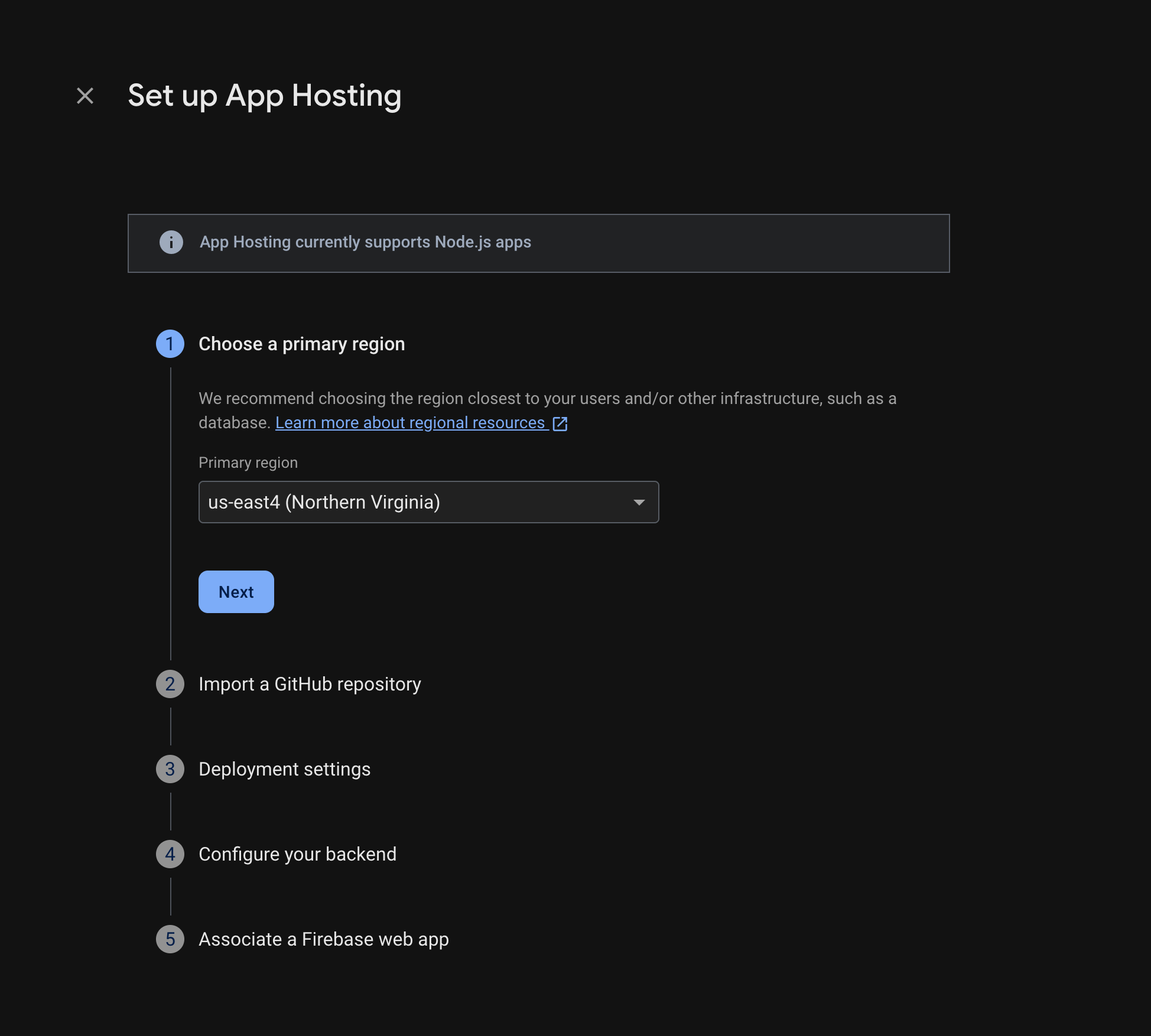 App Hosting バックエンドの設定のスクリーンショット。