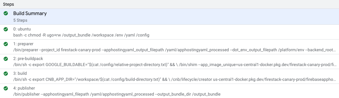 Google Cloud 控制台的 Cloud Build 步驟畫面截圖