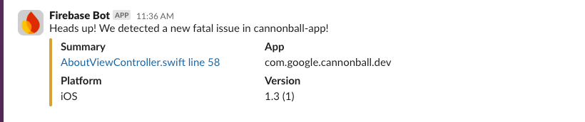 একটি স্ল্যাক চ্যানেলে ক্র্যাশলিটিক্স সতর্কতার উদাহরণ
