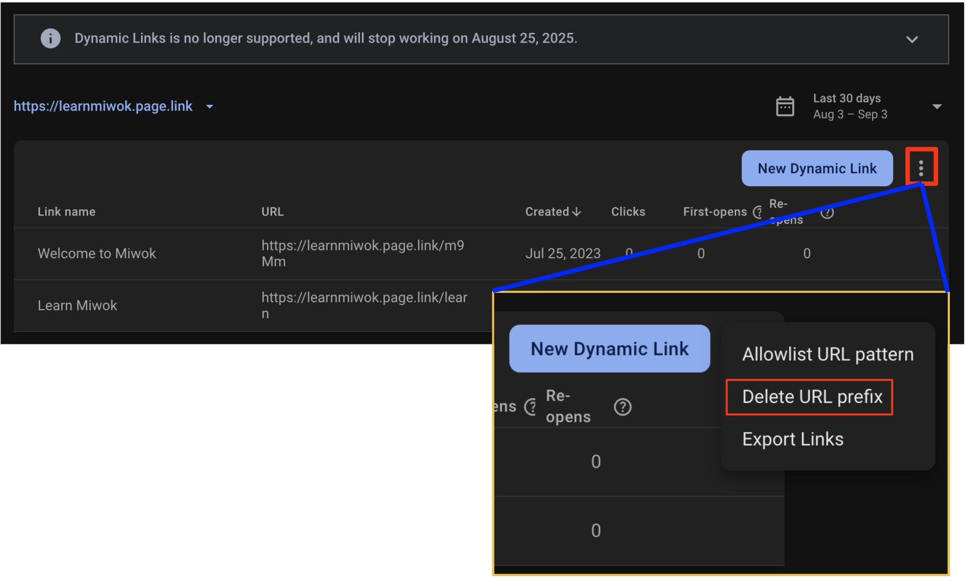 Capture d&#39;écran de la console FDL montrant les options de préfixe du chemin d&#39;URL