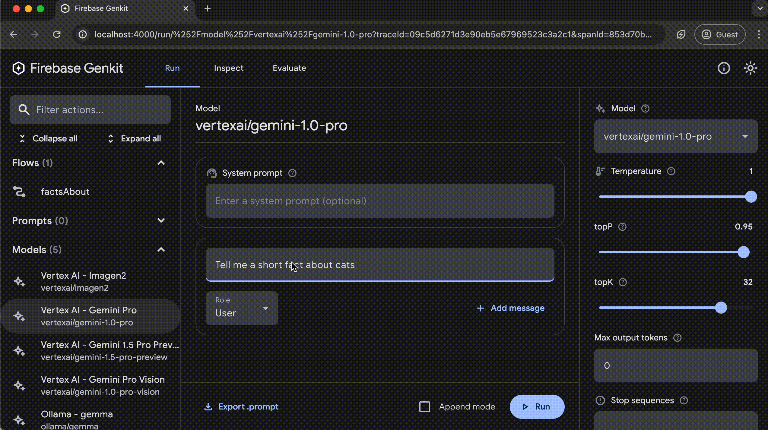 Panoramica GIF dell&#39;interfaccia utente di Genkit per sviluppatori