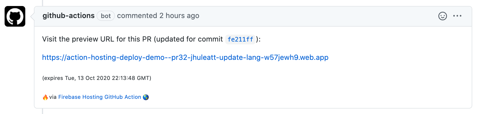 รูปภาพความคิดเห็นเกี่ยวกับ PR ของ GitHub Actions พร้อม URL ตัวอย่าง