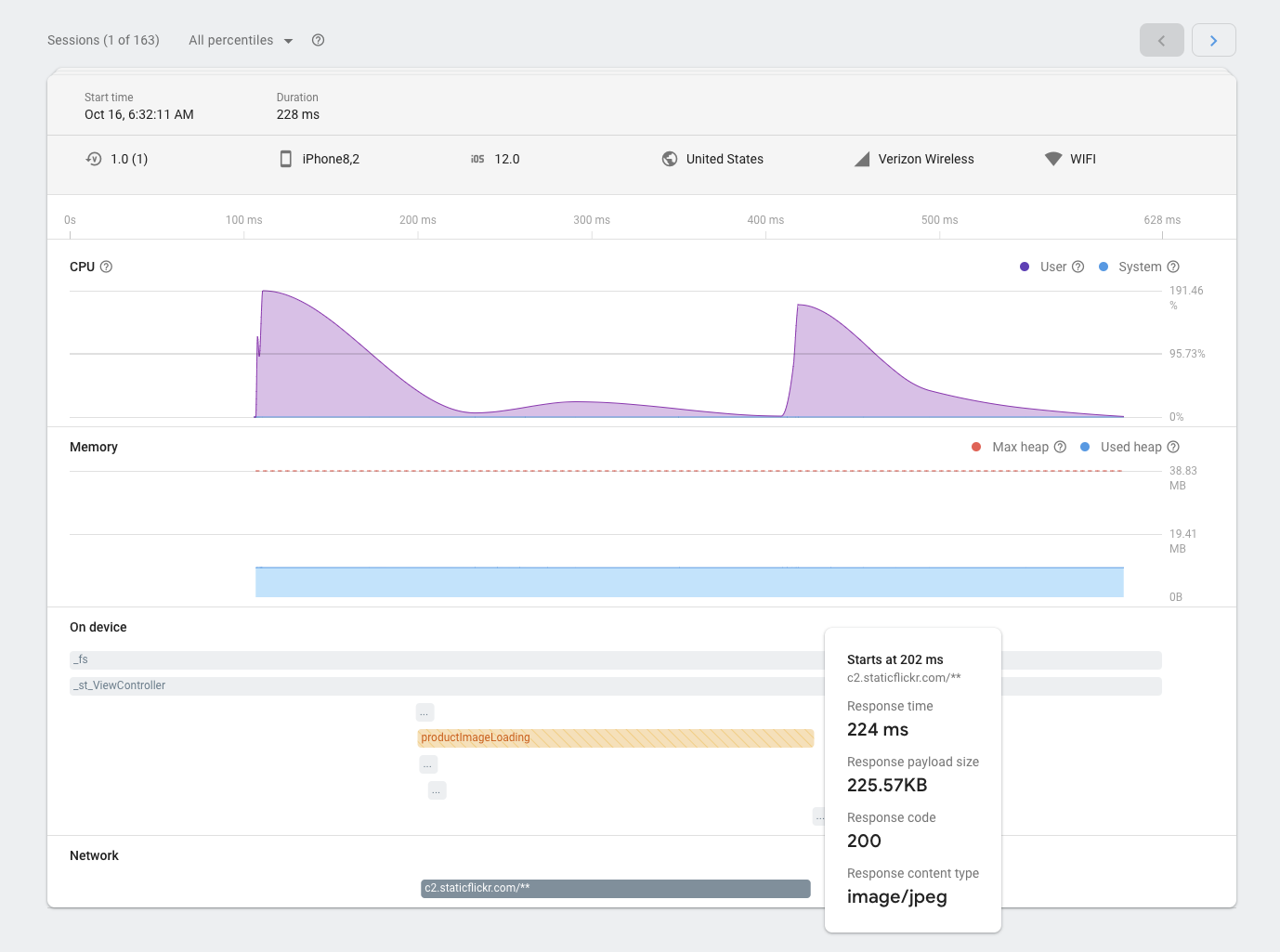 una imagen de la página de sesiones de Firebase Performance Monitoring