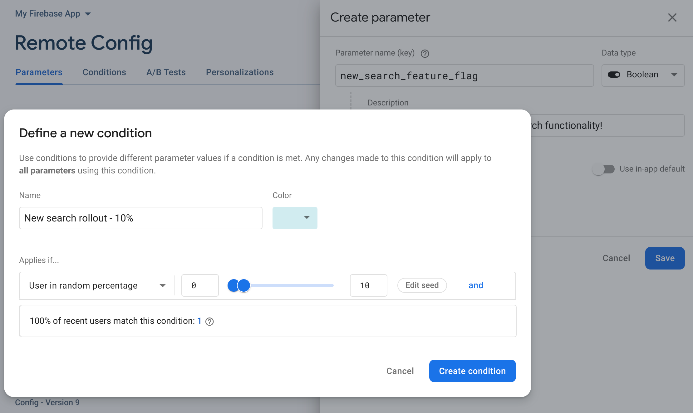 صورة تتحرّك خلال خطوات واجهة المستخدم في وحدة تحكّم Firebase لإجراء طرح بنسبة مئوية على مَعلمة حالية