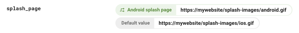 צילום מסך של הפרמטר splash_page במסוף Firebase, שבו מוצג ערך ברירת המחדל שלו ל-iOS וערך מותנה ל-Android