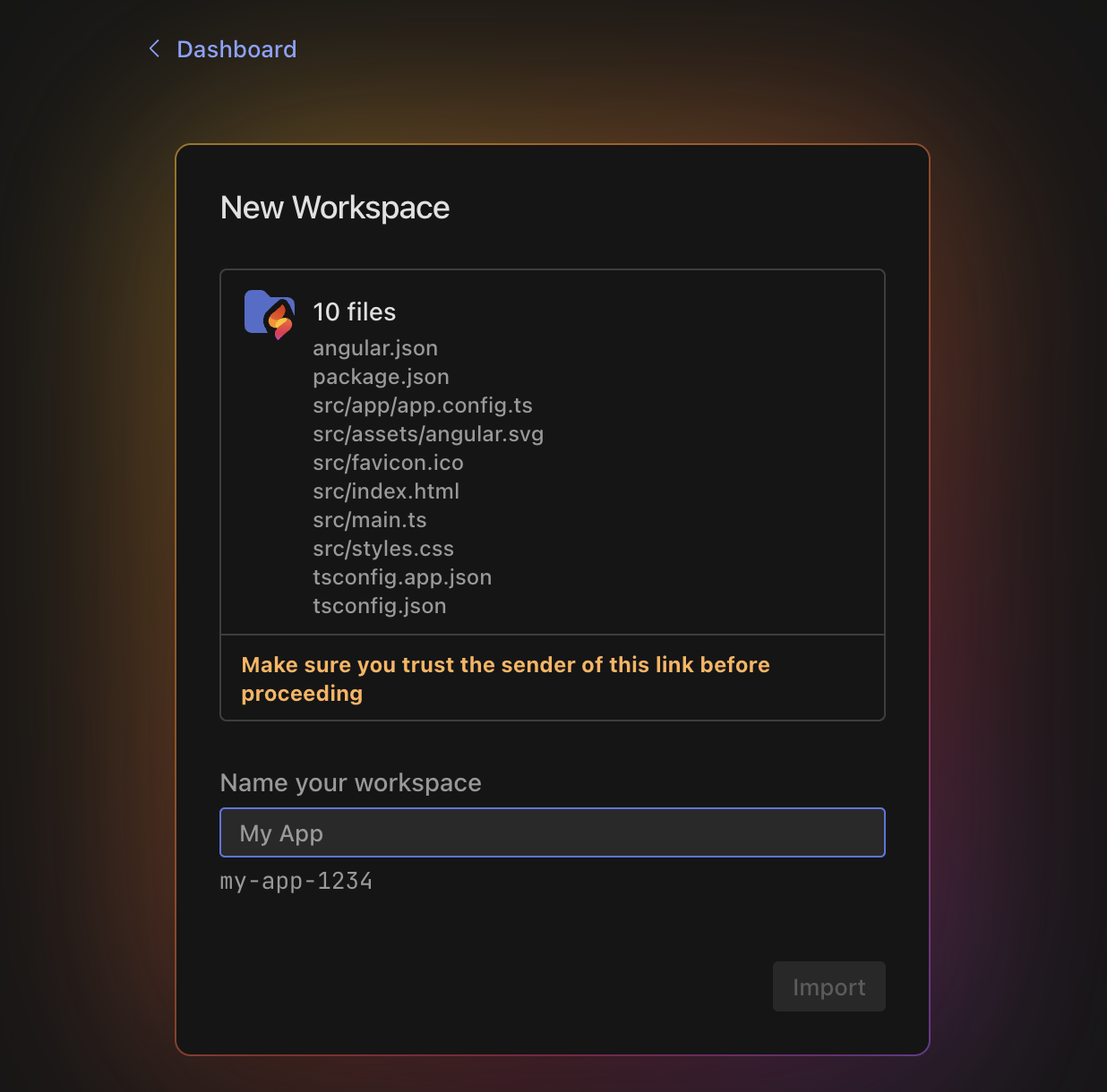 在 Firebase Studio 中打开“导入工作区”对话框